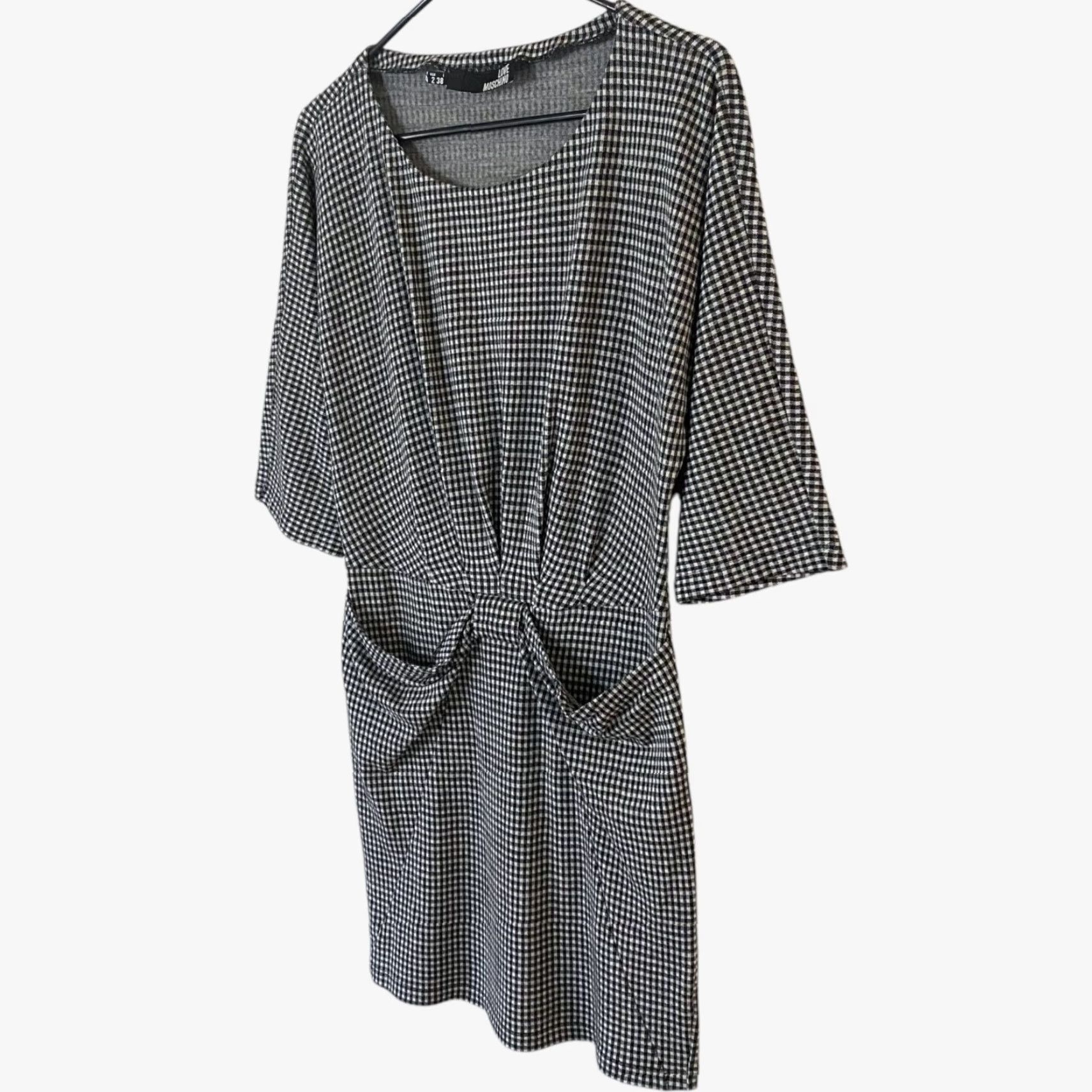 Moschino VINTAGE Love Moschino Gingham Mini Dress 3/4 Sleeve Cinched Black Women's Size 2 Wool Blend Pockets Dress Size XS / US 0-2 / IT 36-38 - 2 Thumbnail