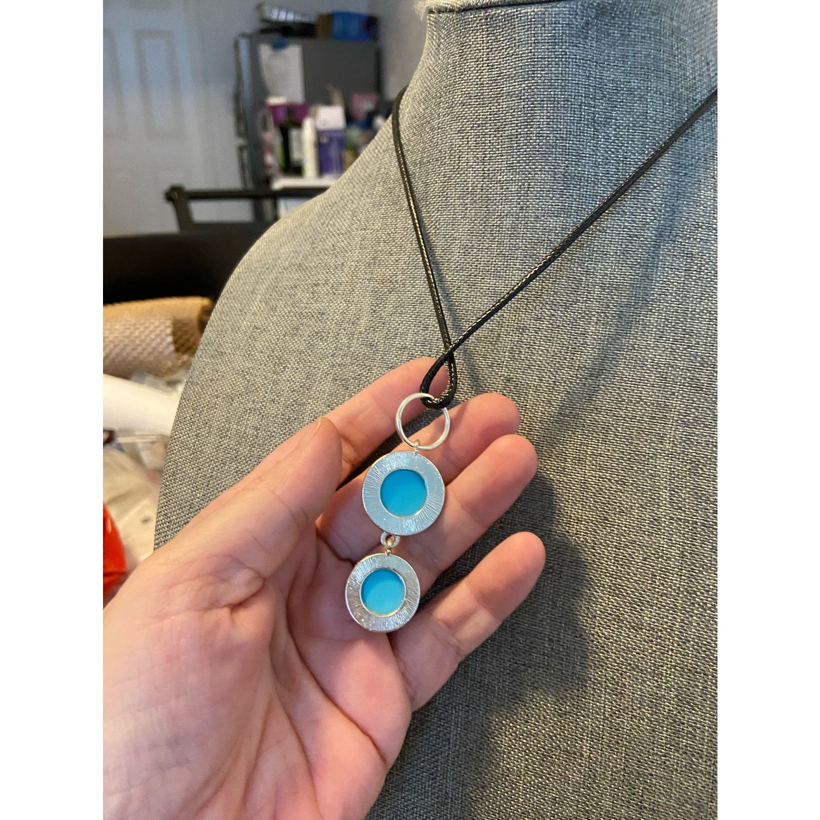 Handmade Upcycled round turquoise blue cabochon pendant necklace Size ONE SIZE - 3 Thumbnail