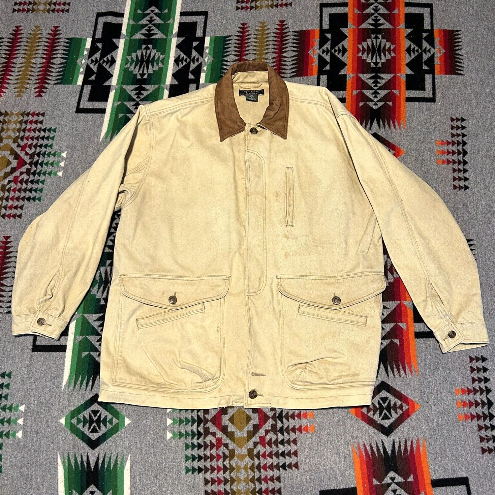 image of Vintage Guess Classics Chore Coat Men’S Size XL Tan Pockets Hunting 80's 90's A5 in White, Men's