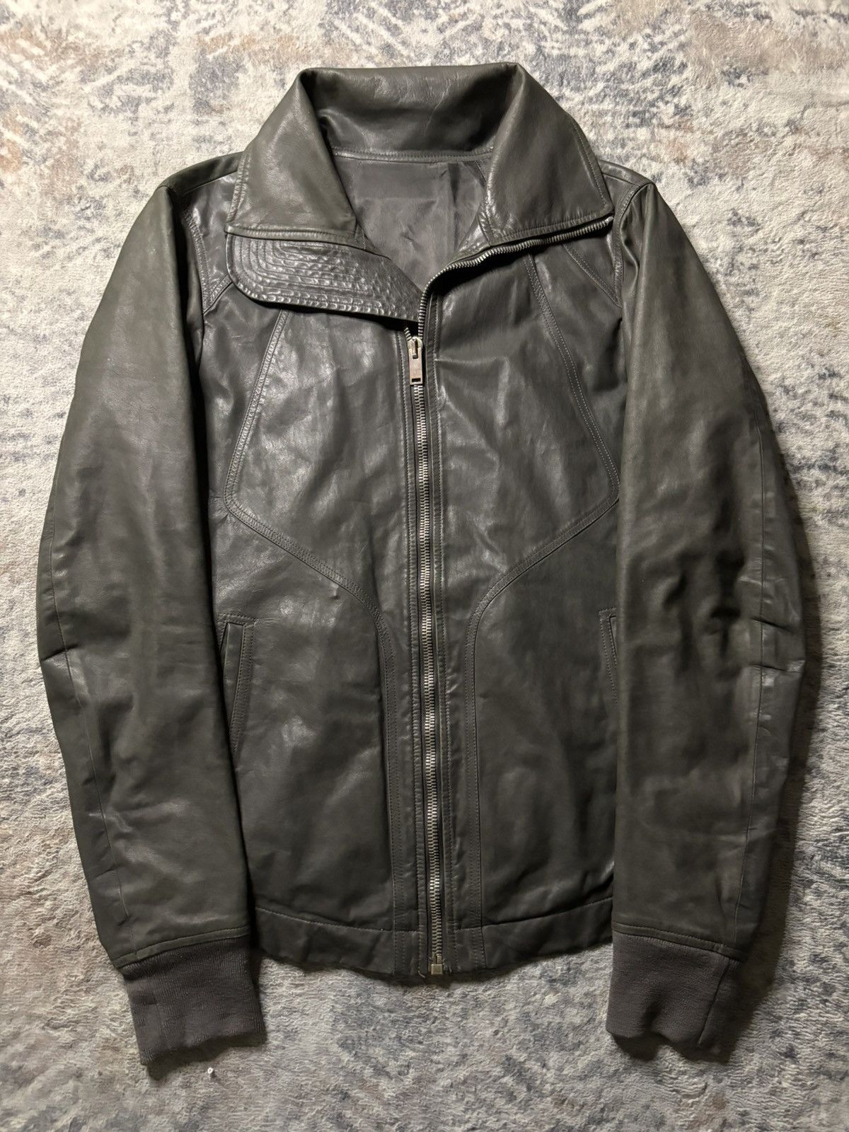 Rick Owens Rick Owens Intarsia Mid-Neck Leather Jacket | Grailed