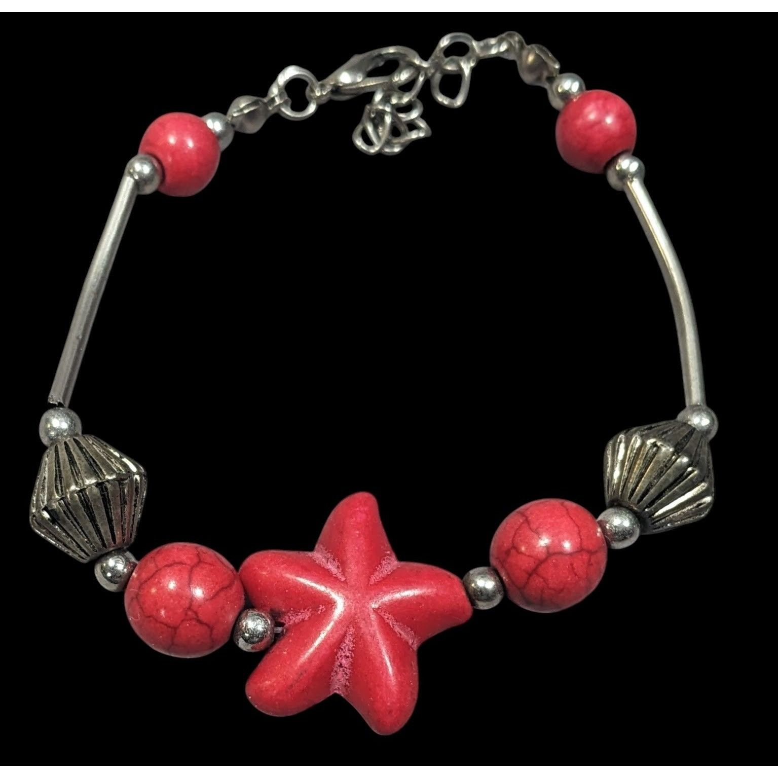 Other Mermaidcore Red And Silver Tone Dyed Howlite Beaded Bracelet Size ONE SIZE - 1 Thumbnail