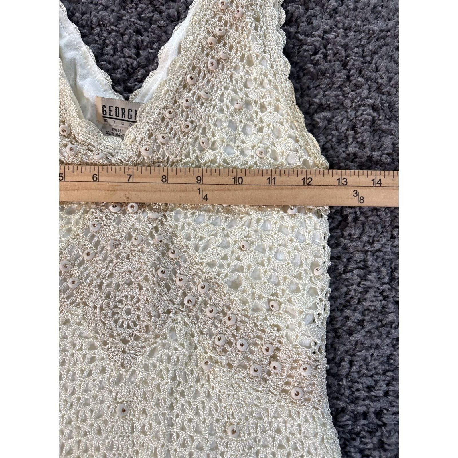 Vintage VINTAGE Georgiou Camisole Top Womens M White Open Knit Beaded Fish Net Fairy Tank Sleeveless V-Neck 90s inspired Size M / US 6-8 / IT 42-44 - 3 Thumbnail
