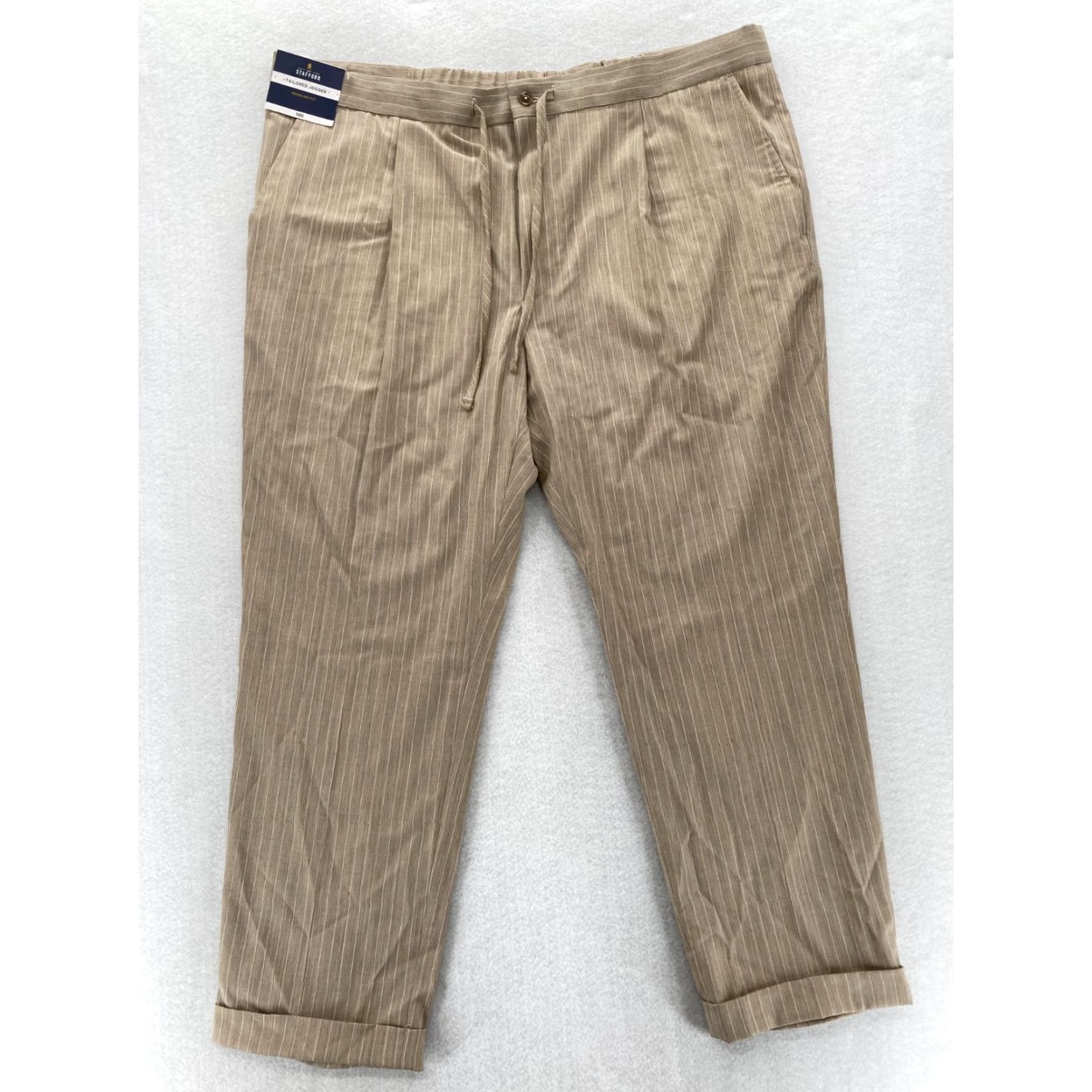 Stafford Stafford Tailored Jogger Pants Mens 44x28 Beige Striped Wool Stretch Drawstring Size US 44 / EU 60 - 2 Thumbnail