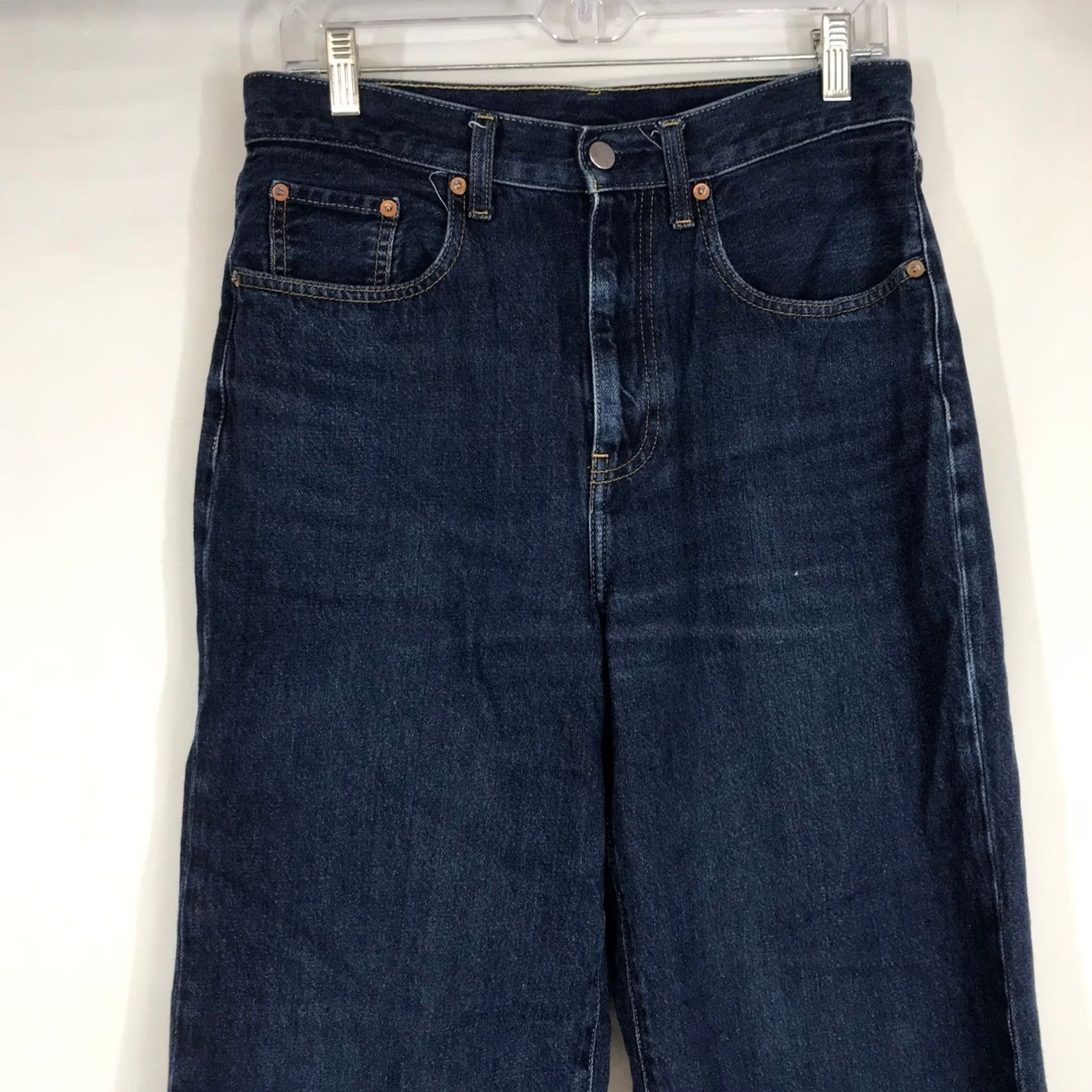 Muji MUJI Dark Indigo Blue Jeans 29 Waist 29 High Rise Wide Leg Straight Denim 100% Cotton Women's - 5-Pocket Zipper Button Casual Size 29" - 2 Thumbnail