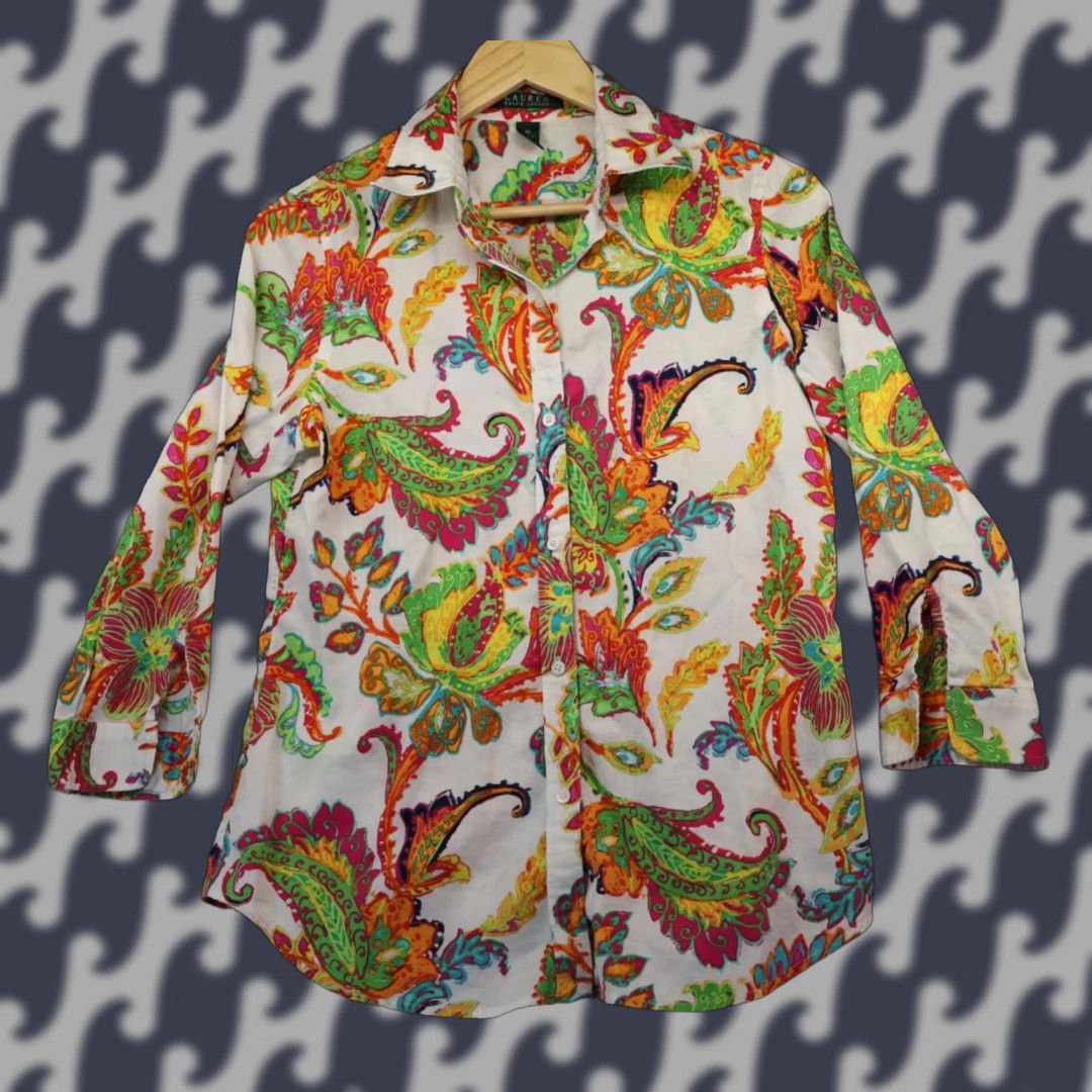 Vtg Polo Ralph Lauren Shirt M White 100% Cotton Button-Up Decorative Paisley Flower Art Beach 90s Womens