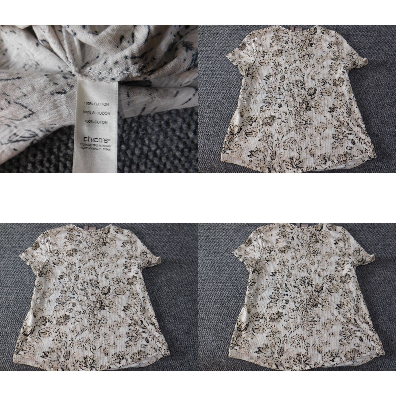 Vintage Chicos Blouse Shirt Womens V-Neck Beige Floral Stretch 100% Cotton Short Sleeve Pullover Regular Size 1 Classic Base Casual Men/Women? Size XS / US 0-2 / IT 36-38 - 8 Thumbnail