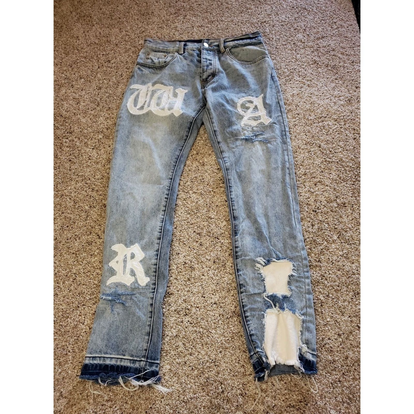 MNML Mnml War Jeans 31 Mens Blue Light Wash Raw Hem Stretch Denim Embroidered Jeans Size US 32 / EU 48 - 2 Thumbnail