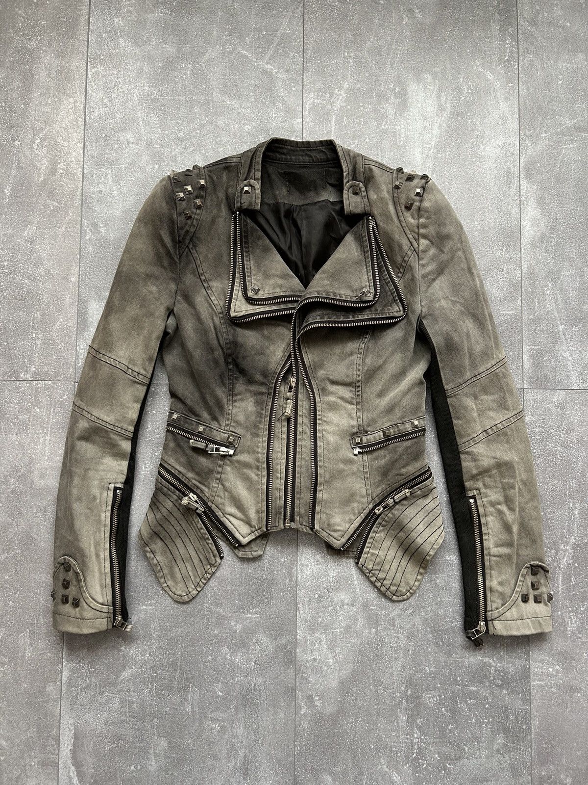 Vintage faded zip up deconstructed gothic metal denim jacket - Main Image