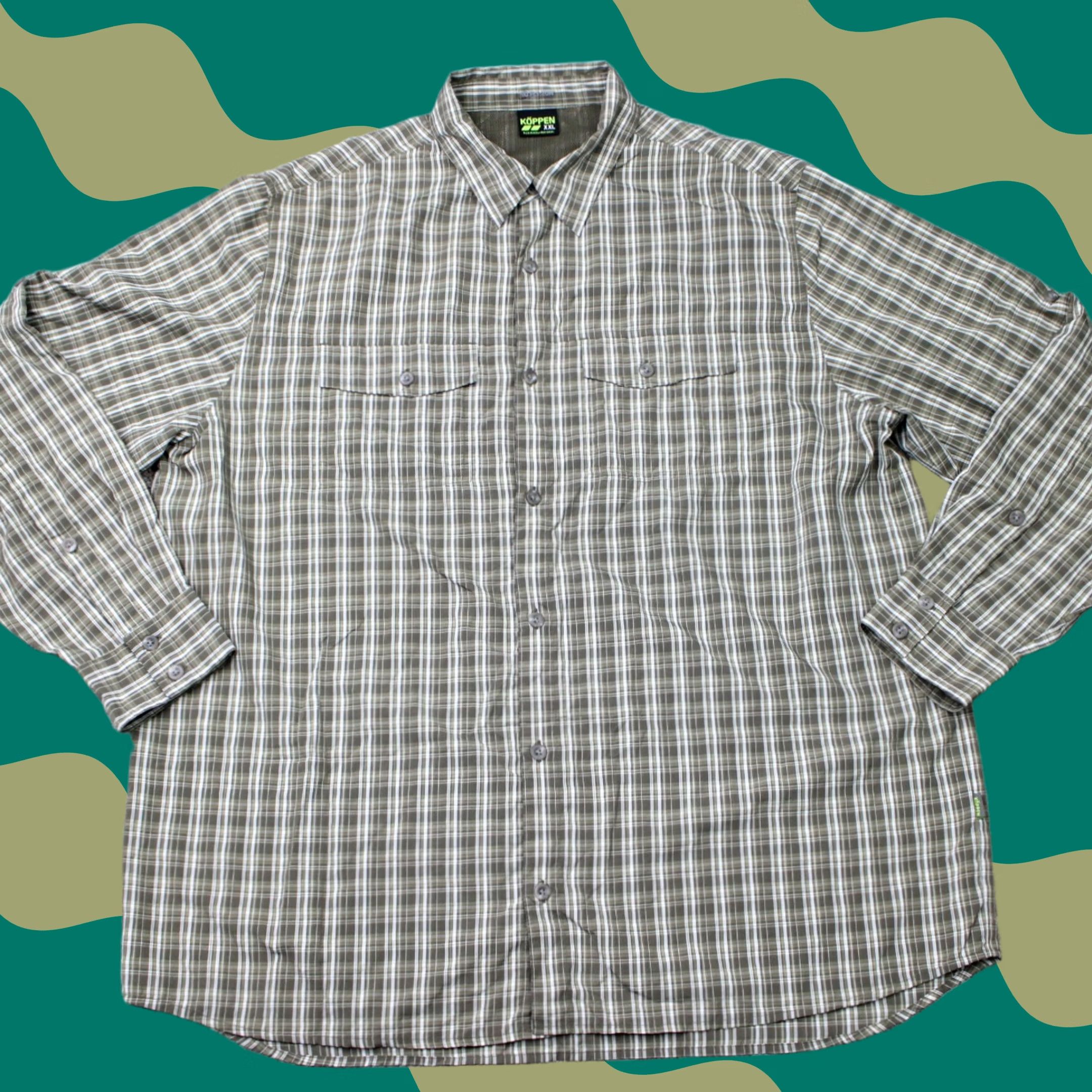 Vintage Koppen Shirt Mens 2XL Green No Fly Zone Repellent Vented Roll Tab Seersucker L/S Shirt Mens 2XL Green Plaid Button-Up Casual Outdoor Size US XXL / EU 58 / 5 - 1 Thumbnail