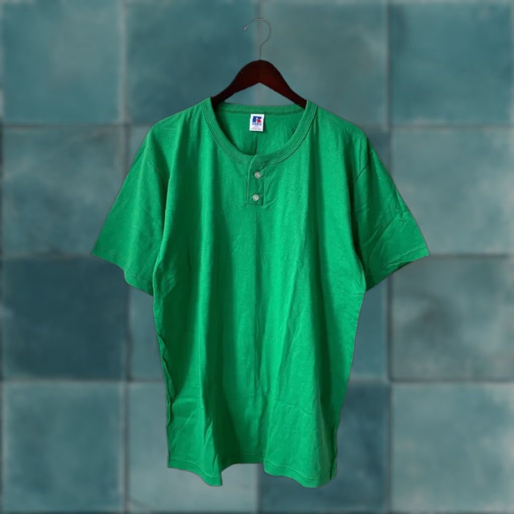 Russell Athletic VINTAGE Russell Athletic Henley T-Shirt Men's 3XL Green NWOT Deadstock USA 90s Baseball Tee Short Sleeve Two-Button Placket Eagle Patch Mens Shirt Size US XXL / EU 58 / 5 - 1 Thumbnail
