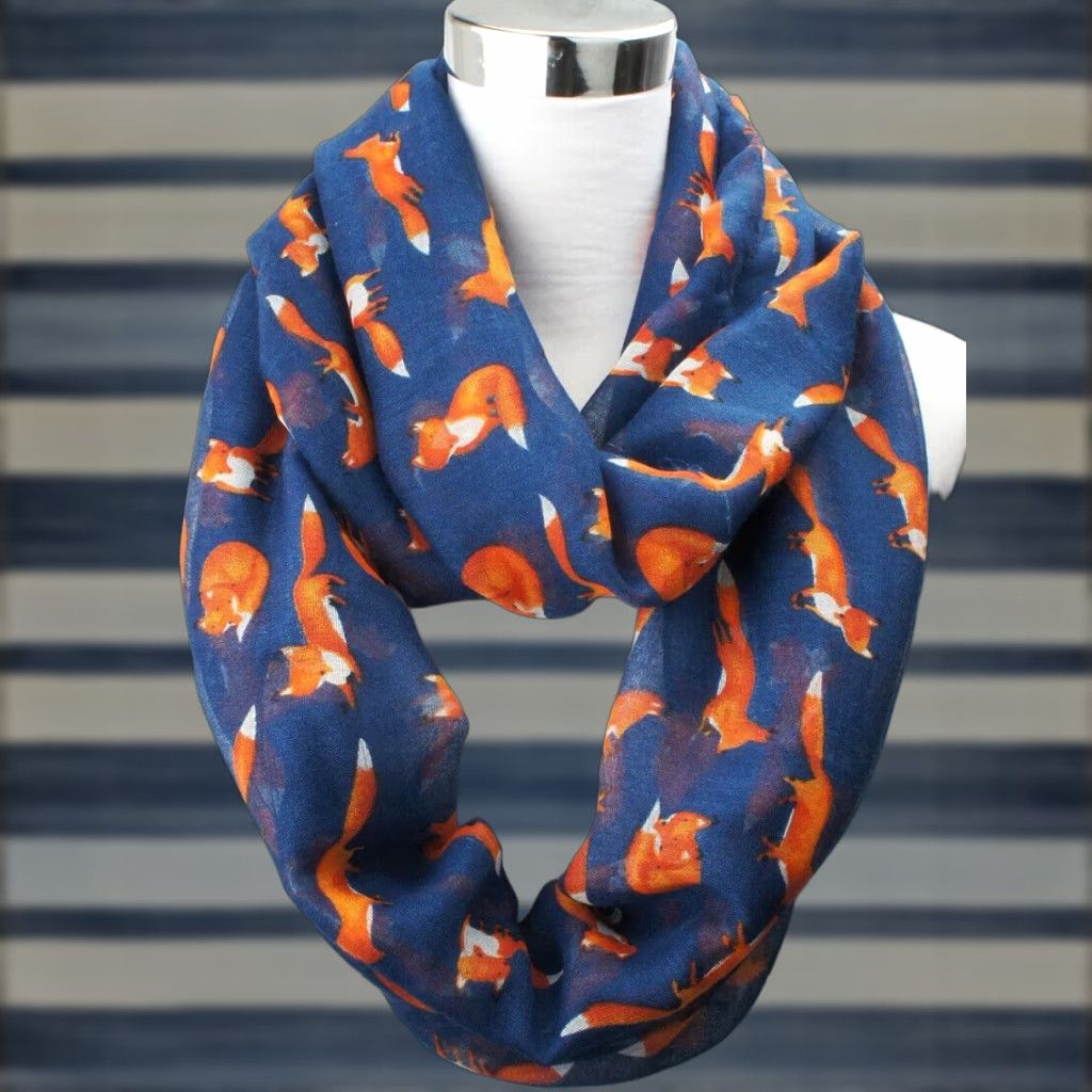 Vintage VINTAGE VIVIAN & VINCENT Cartoon Fox Sheer Infinity Scarf One Size NAVY BLUE Lightweight Soft 100% Viscose Womens Size ONE SIZE - 1 Thumbnail