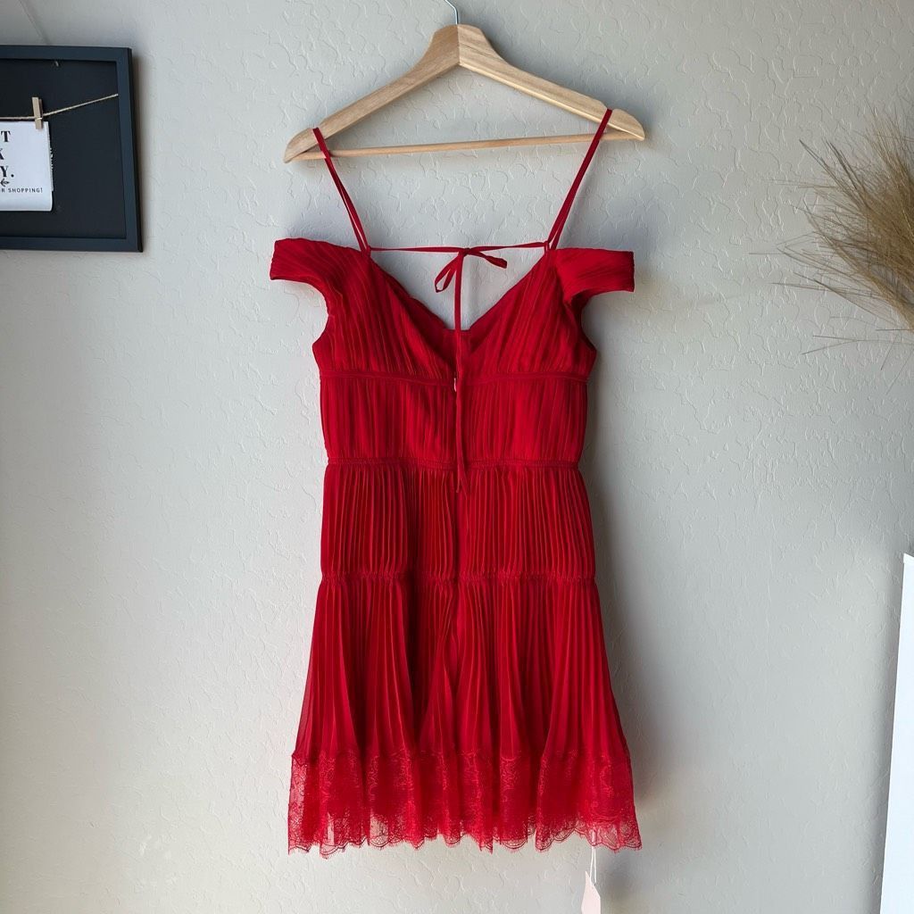 Self-Portrait NWT Self Portrait Dress Pleated Off Shoulder Lace Red Mini D Size S / US 4 / IT 40 - 6 Thumbnail