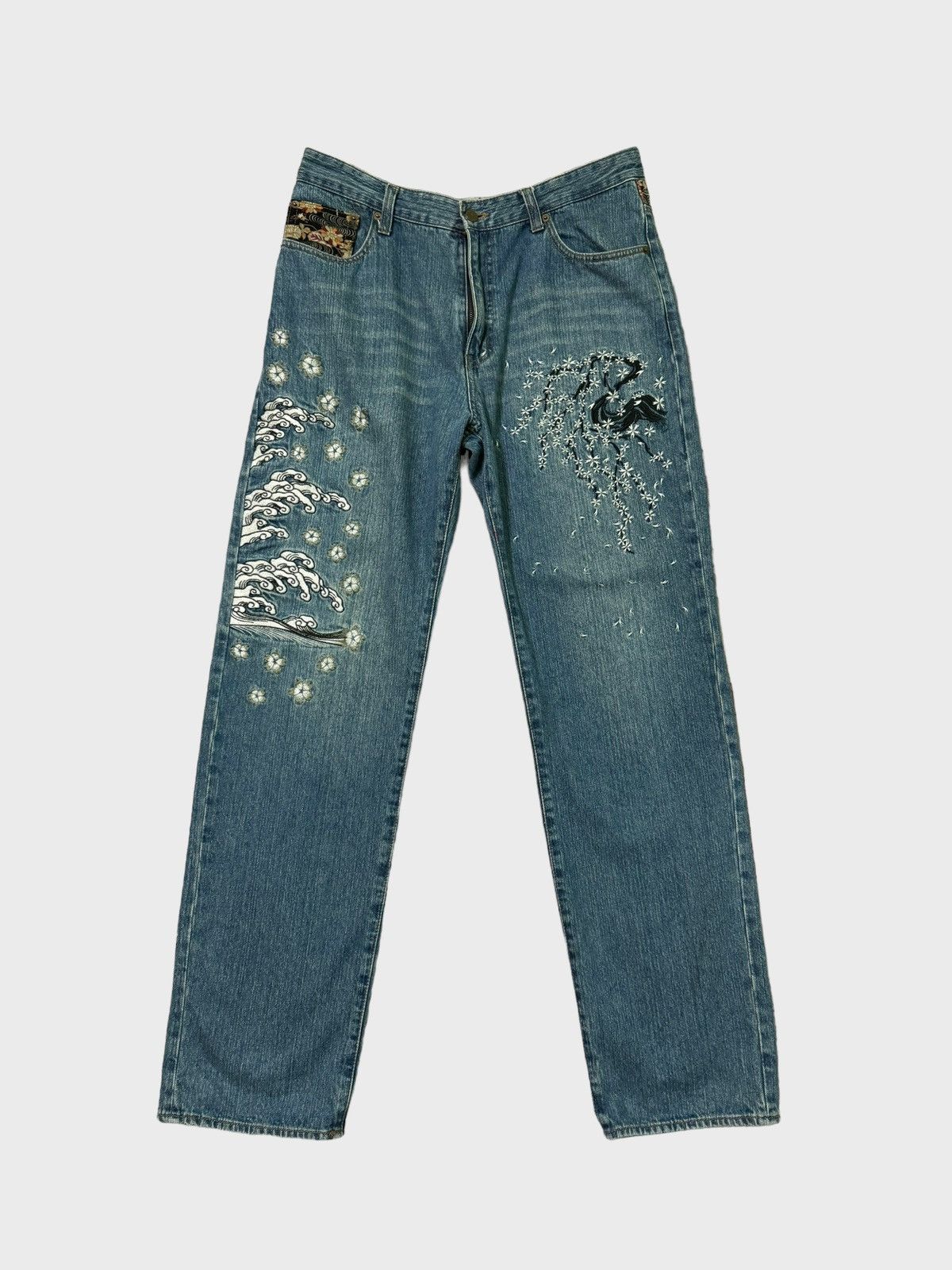 Japanese Brand ARCHIVE KARAKURI TAMASHI STYLE SAKURA EMBROIDERY DENIM Size US 32 / EU 48 - 1 Thumbnail