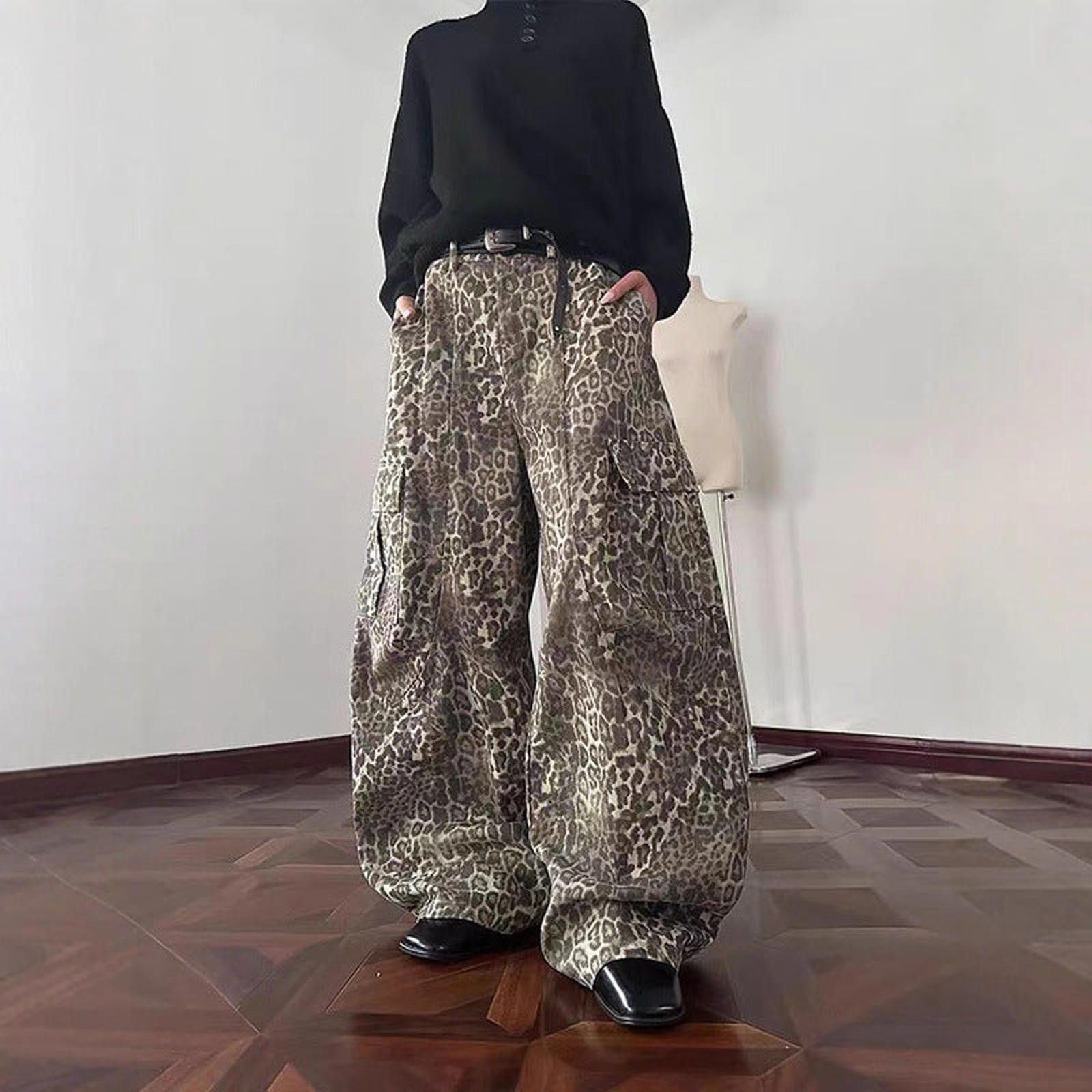 Other Leopard Print Wide Leg Cargo Pants, Baggy Trousers Size US 30 / EU 46 - 6 Thumbnail