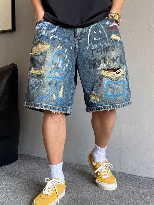 Japanese Brand Retro hand-painted graffiti printed denim shorts Size US 32 / EU 48 - 4 Thumbnail