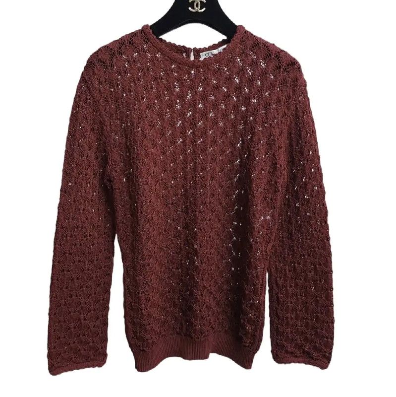 Dior Dior Wine Red Long Sleeve Crochet Sweater 0089 Size XS / US 0-2 / IT 36-38 - 1 Thumbnail