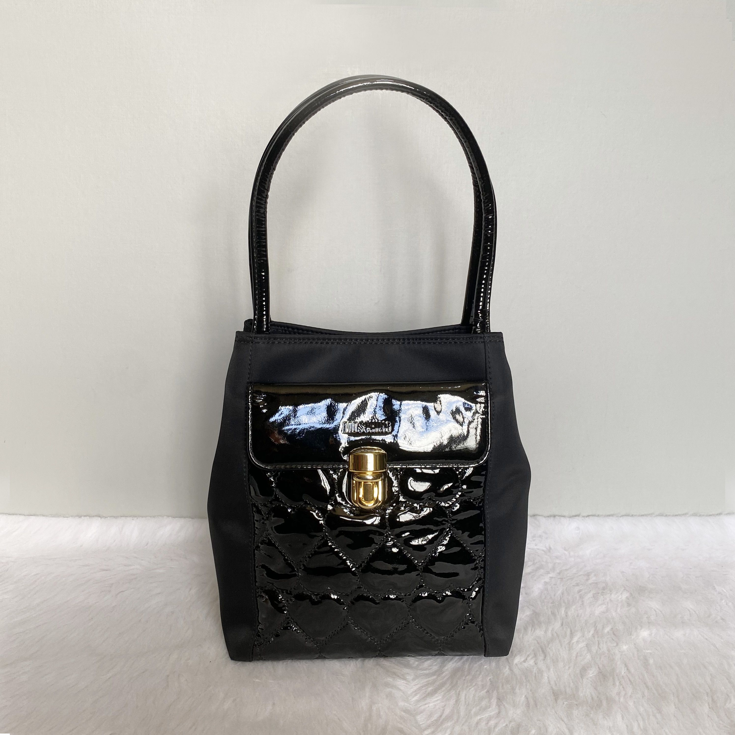 Vintage Black Heart Quilted Leather Nylon Tote Bag