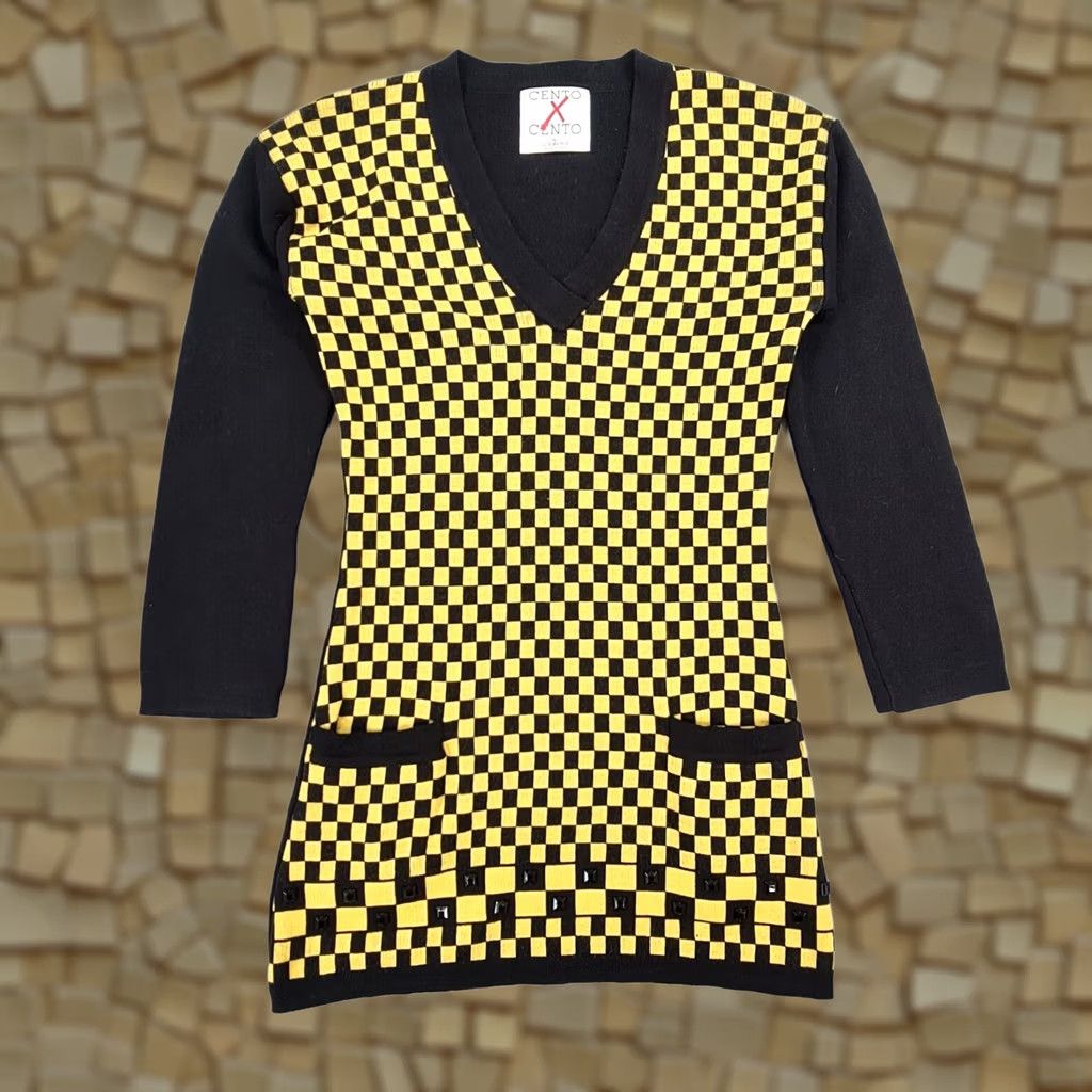 Vintage Cento By Iceberg Dress Womens Black Yellow Checkboard Knitted Mini Long Sleeve V-Neck Pullover Pockets Casual 46 XS? Size L / US 10 / IT 46 - 1 Thumbnail