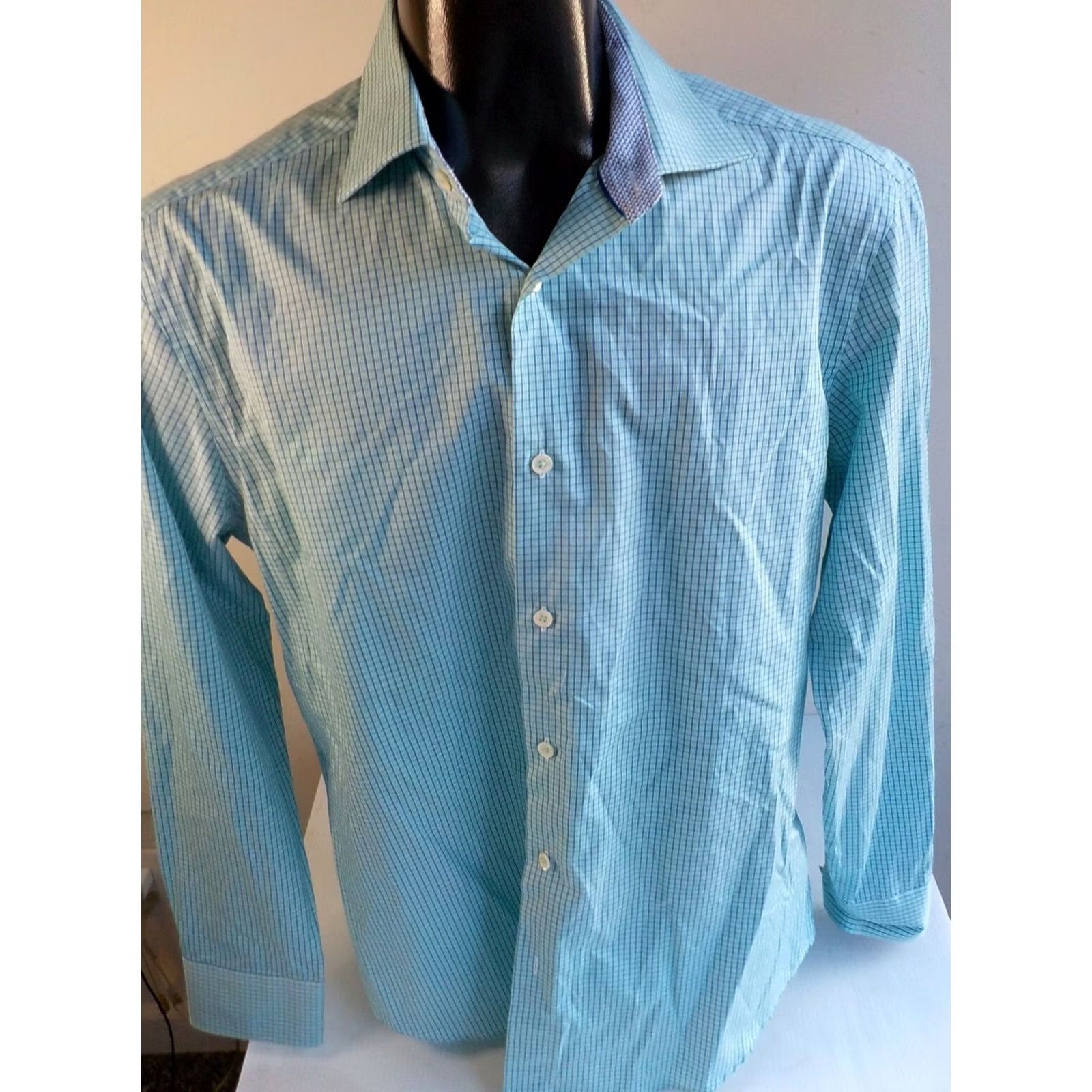 BUGATCHI BUGATCHI Uomo Check Flip Cuff Shirt SZ 16.5 Teal/Blue Dress Shirt 100% Cotton Long Sleeve Mens Regular Adult Size US XL / EU 56 / 4 - 2 Thumbnail