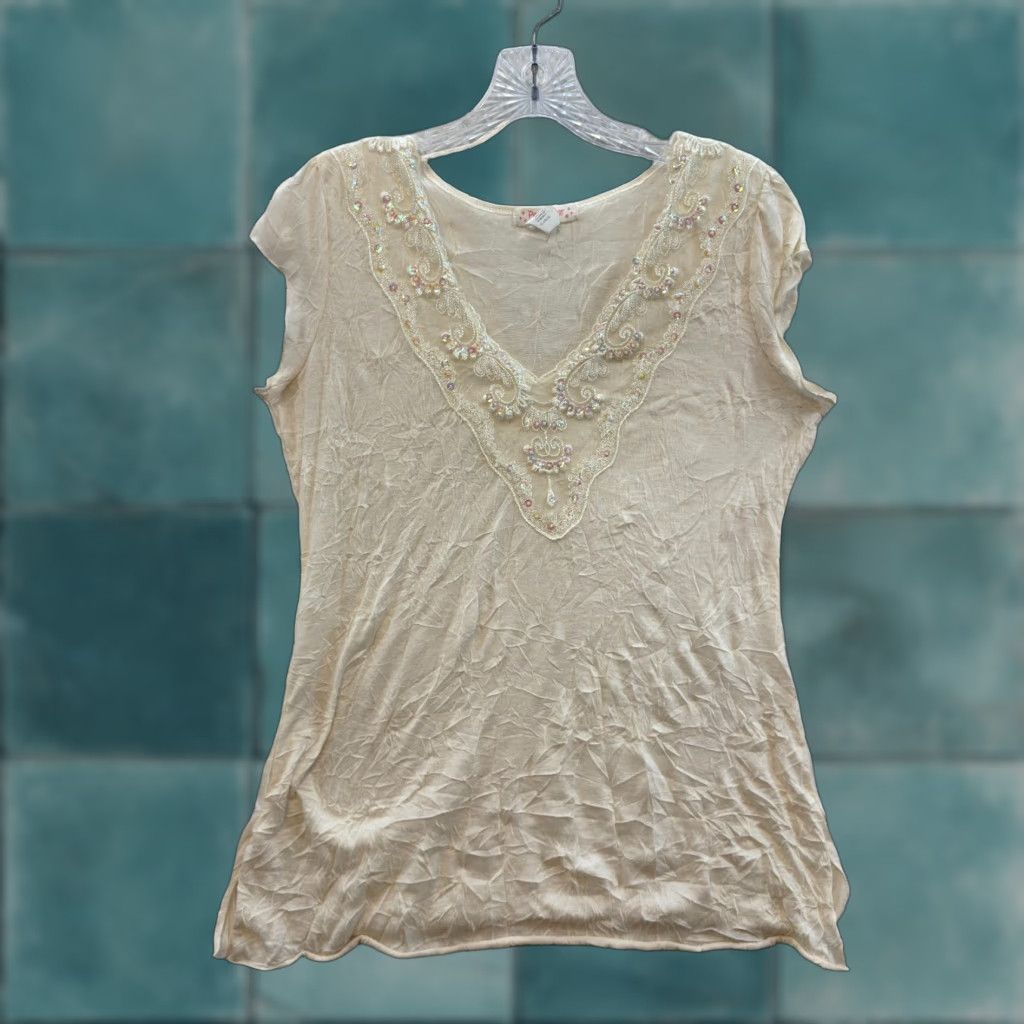 Vintage VINTAGE Pearl Star White Shirt XL Grunge Whimsigoth Boho Lace Sequin Fairy Y2K Size XL / US 12-14 / IT 48-50 - 1 Thumbnail