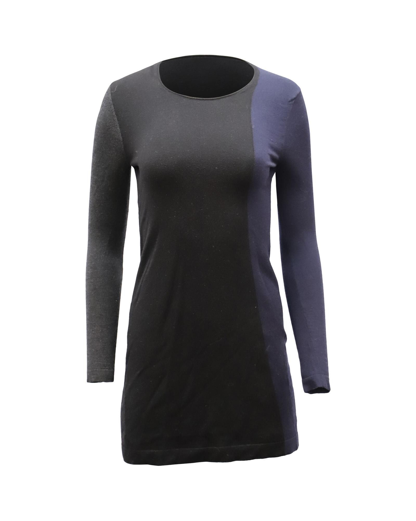 image of Theory Colorblock Wool Mini Dress With Long Sleeves And Round Neck in Black, Women's (Size Medium)