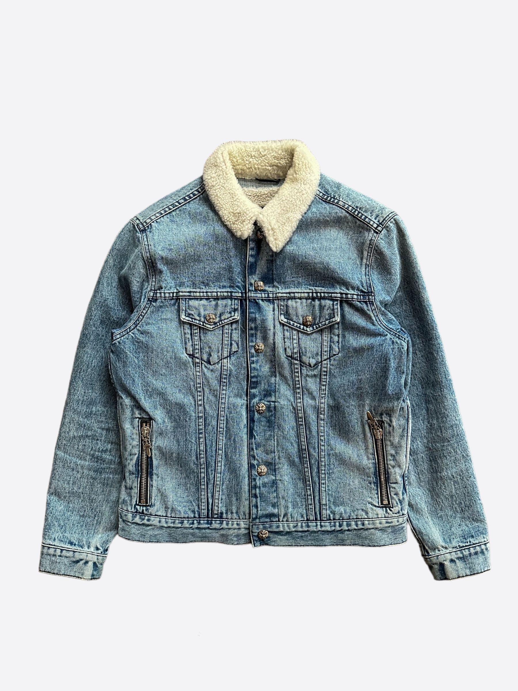 image of Chrome Hearts Blue Removeable Shearling Denim Jacket, Men's (Size Medium)
