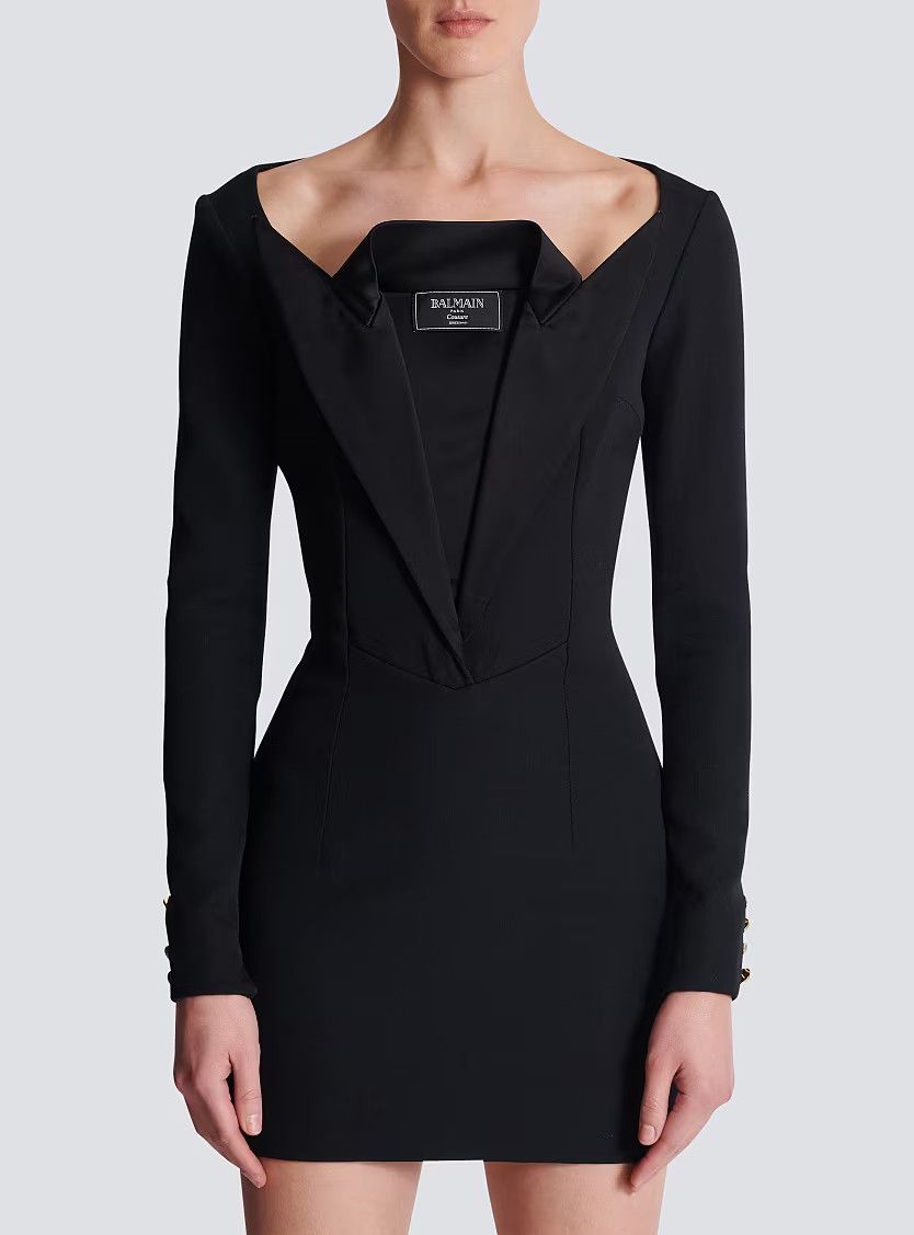 Balmain o1s1wg111225 Open Neck Double Collar Mini Dress in Black Size XL / US 12-14 / IT 48-50 - 4 Thumbnail