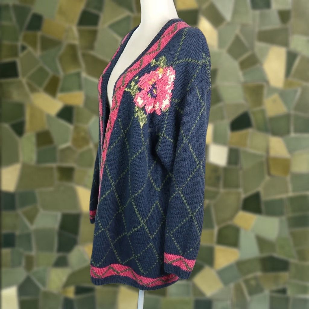 Liz Claiborne VINTAGE Liz Claiborne Cardigan Sweater Womens M Navy Blue Pink Floral 90s Bohemian Knit Cotton Linen Long Sleeve Casual Sweater 90s Size M / US 6-8 / IT 42-44 - 1 Thumbnail