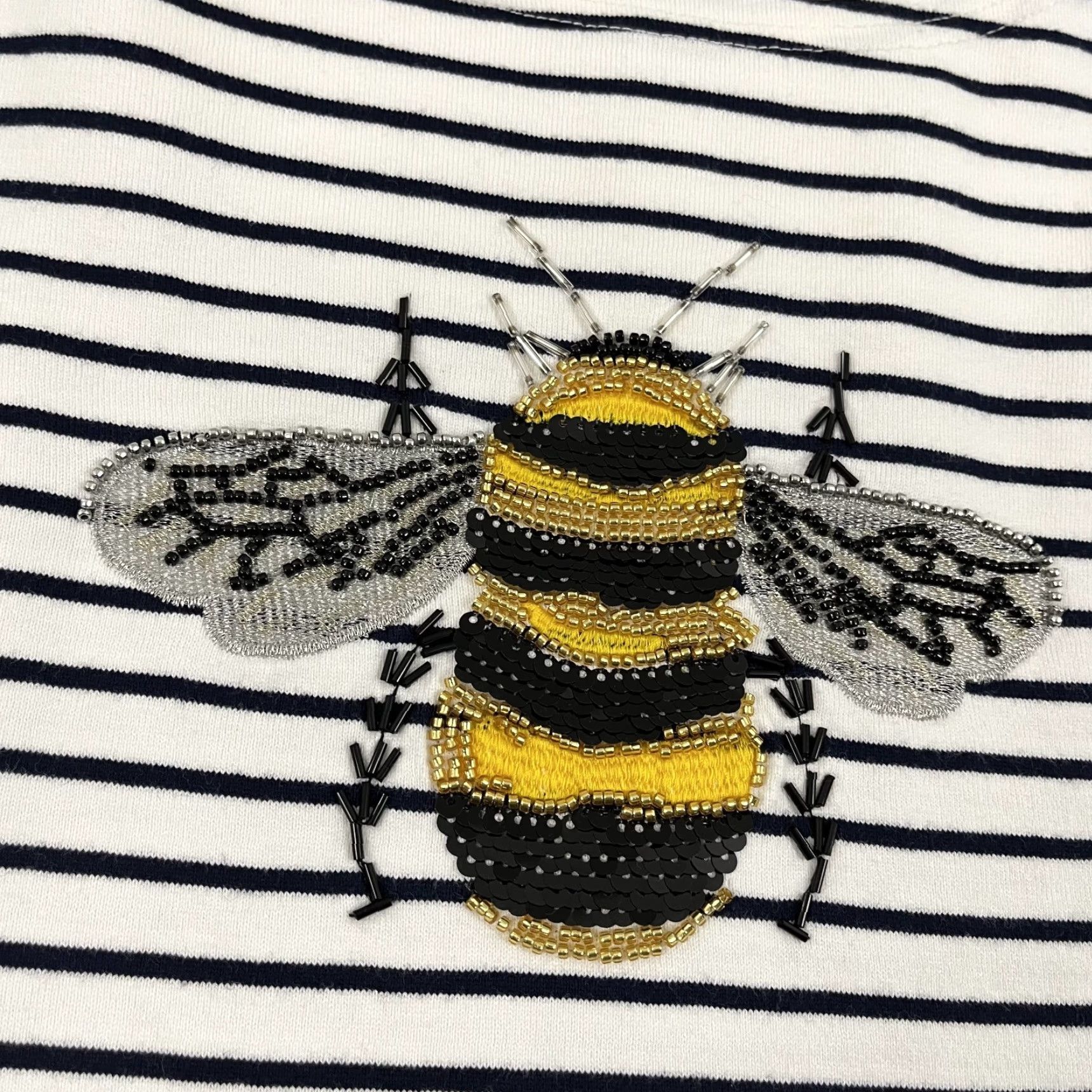 Vintage Joules Shirt Women US 6 Striped Beaded Bumble Bee Embellished Jersey Crew Neck Long Sleeve White Womens Size M / US 6-8 / IT 42-44 - 2 Thumbnail