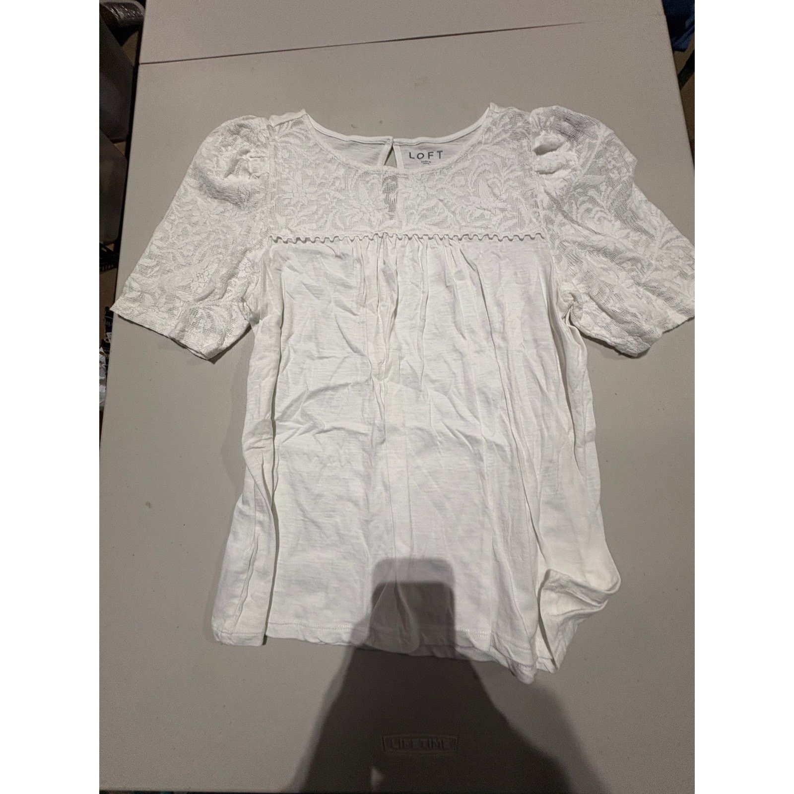 Loft LOFT Women’s White Lace Short Sleeve Blouse Size Large Size L / US 10 / IT 46 - 3 Thumbnail
