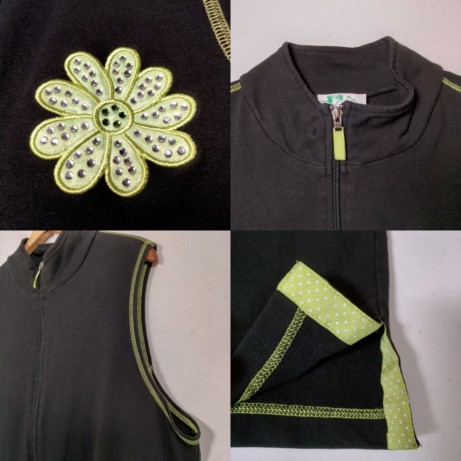 Quacker Factory VINTAGE The Quacker Factory Vest Zip Up 1X Black Neon Green Stitching Daisy Bling Knit Cotton Blend Sleeveless Rhinestones Flower Casual Womens Size XL / US 12-14 / IT 48-50 - 8 Thumbnail