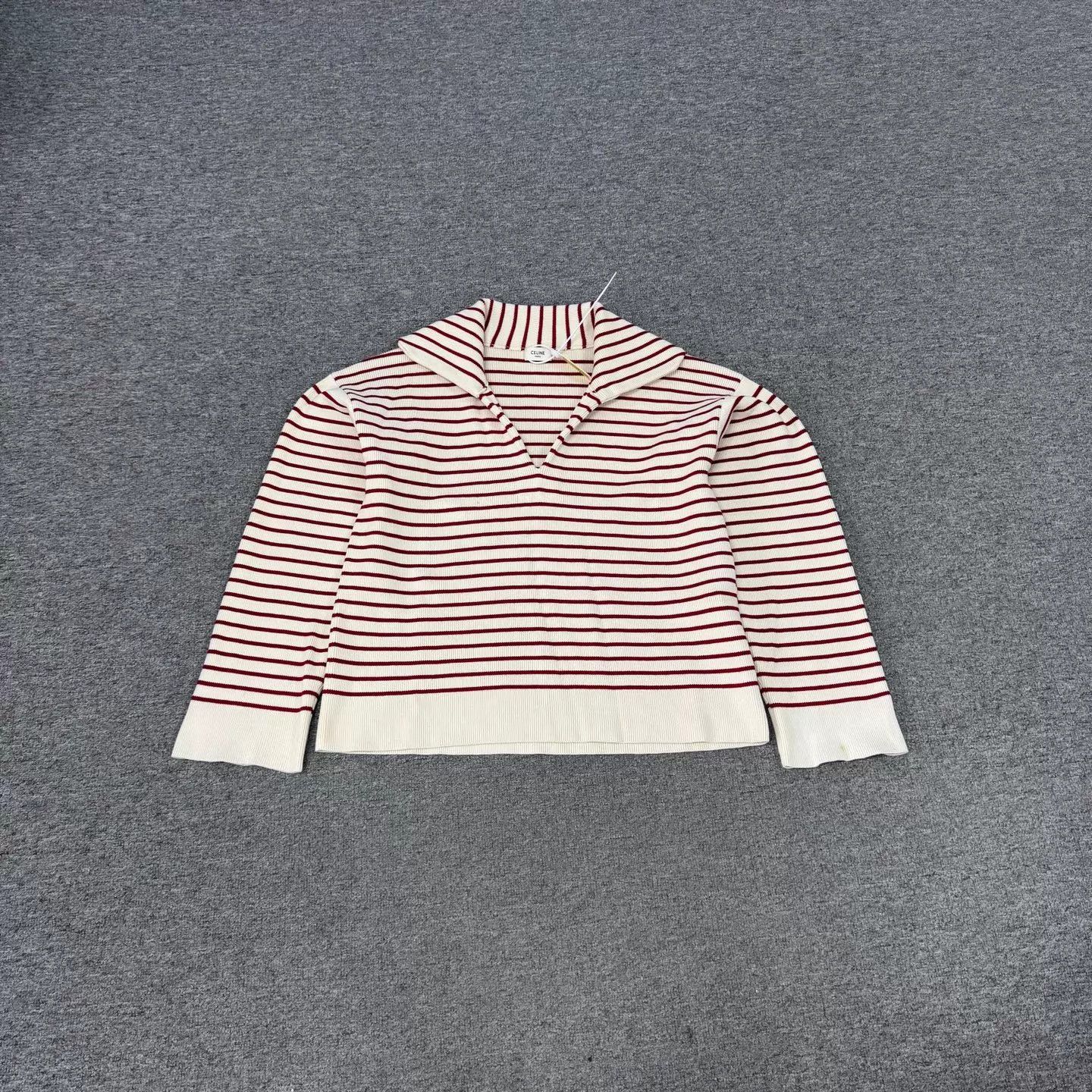 Celine CELINE Ivory Red Striped V-neck Short Knit T M NWT Size M / US 6-8 / IT 42-44 - 1 Thumbnail