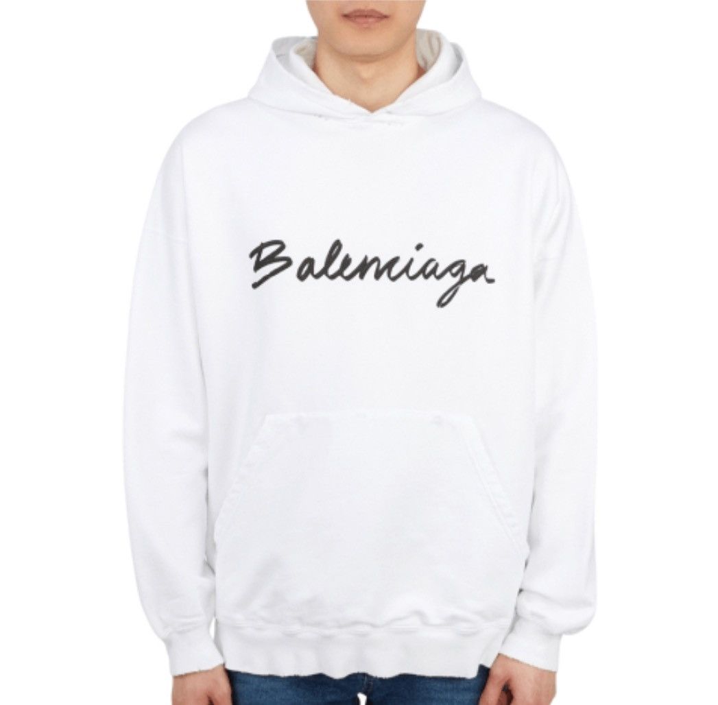 Balenciaga Balenciaga White/Black Distressed Cursive Hoodie Size US XXL / EU 58 / 5 - 2 Thumbnail