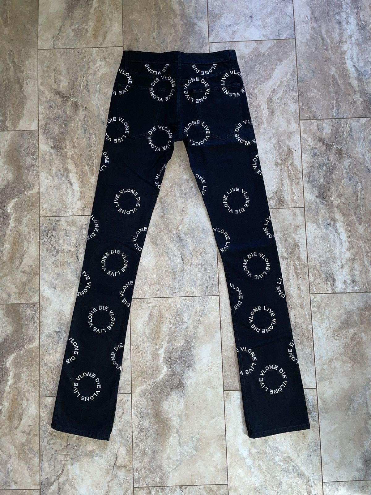 Vlone LVDV Silver Rhinestone Stacked Denim Jeans Black 30