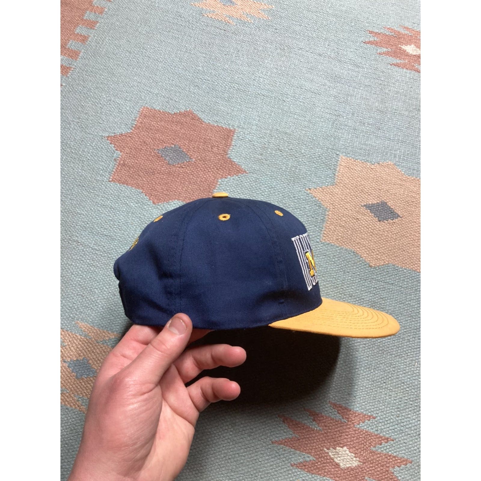 NCAA VINTAGE 90s SnapBack hat cap university of Michigan Wolverines spell out NCAA Men Adjustable Blue Hat Size ONE SIZE - 8 Thumbnail