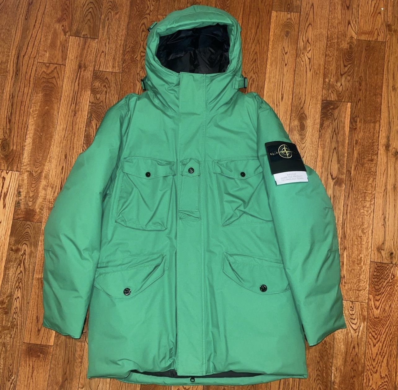 image of Stone Island Compas-Logo Hooded Parka Coat in Green, Men's (Size XL)