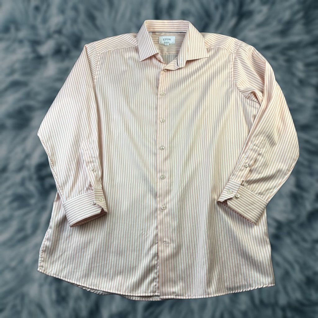 Eton Eton Shirt Dress Shirt Mens XL 17 43 Orange Striped Contemporary Fit Button-Down Collar Mens Top Cuff Barrel Cuff Cotton Wide Size 46R - 1 Thumbnail