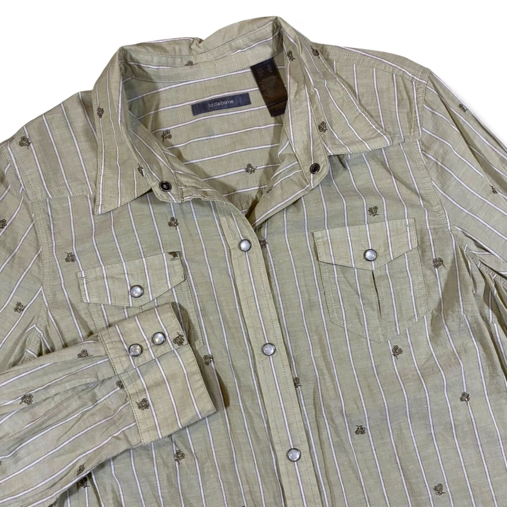 Liz Claiborne Liz Claiborne Western Tan Striped Floral Long Sleeve Snap Front Shirt Women's XL Size XL / US 12-14 / IT 48-50 - 2 Thumbnail