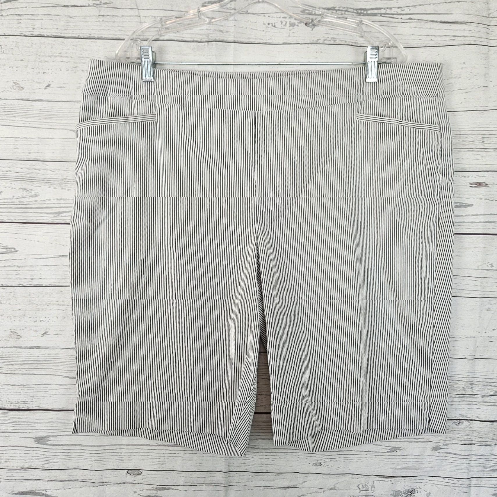 Vintage Chicos Womens Shorts Size 20 Gray White Stripe High Rise Bermuda Pull On Rayon Blend Nylon Spandex Front Flat Womens Plus Size 42" / US 20 - 2 Thumbnail