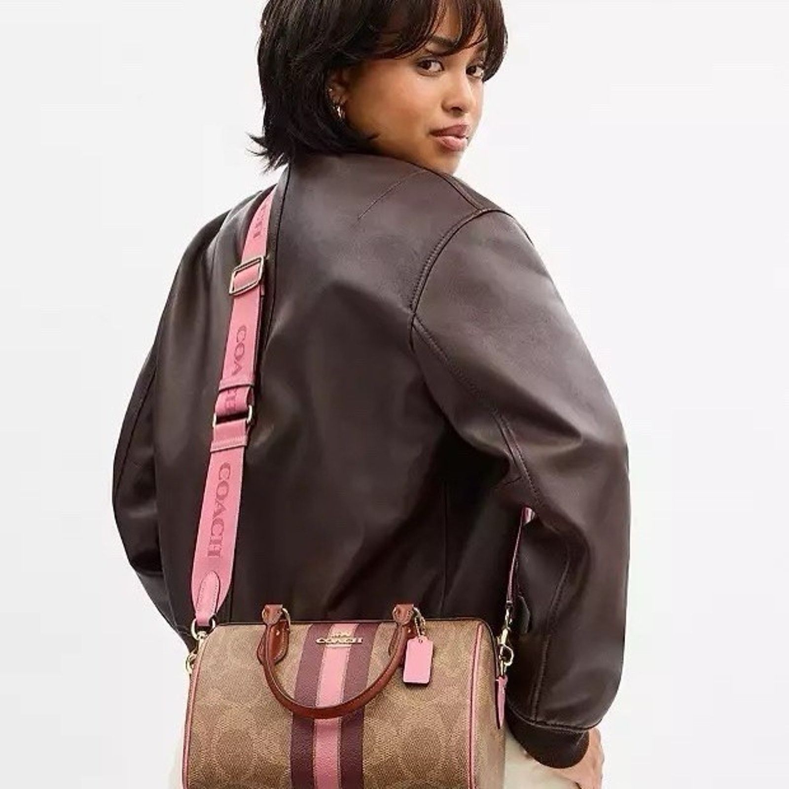 Coach NWT COACH Rowan Satchel Bag With Stripe Print Gold/Tan CBI78 Size ONE SIZE - 9 Thumbnail