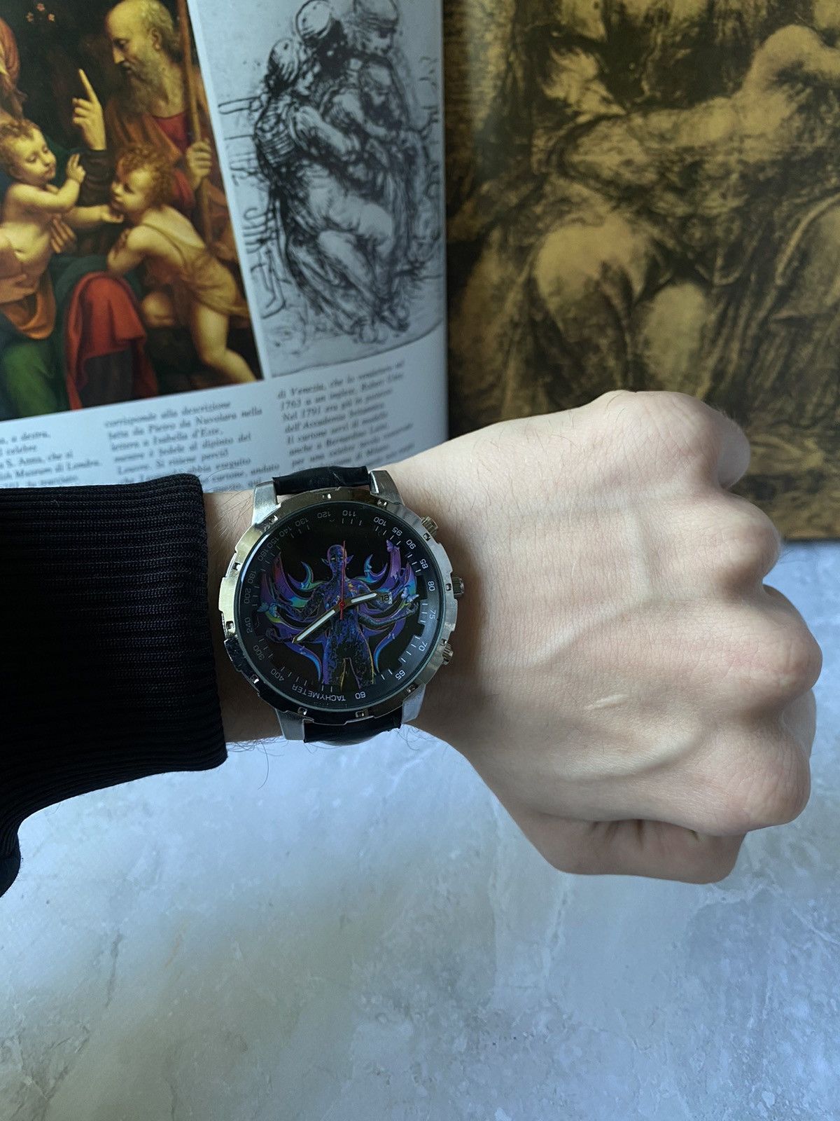 Jewelry x Vintage Fantasy Watch Dial Black Leather Strap, Men's