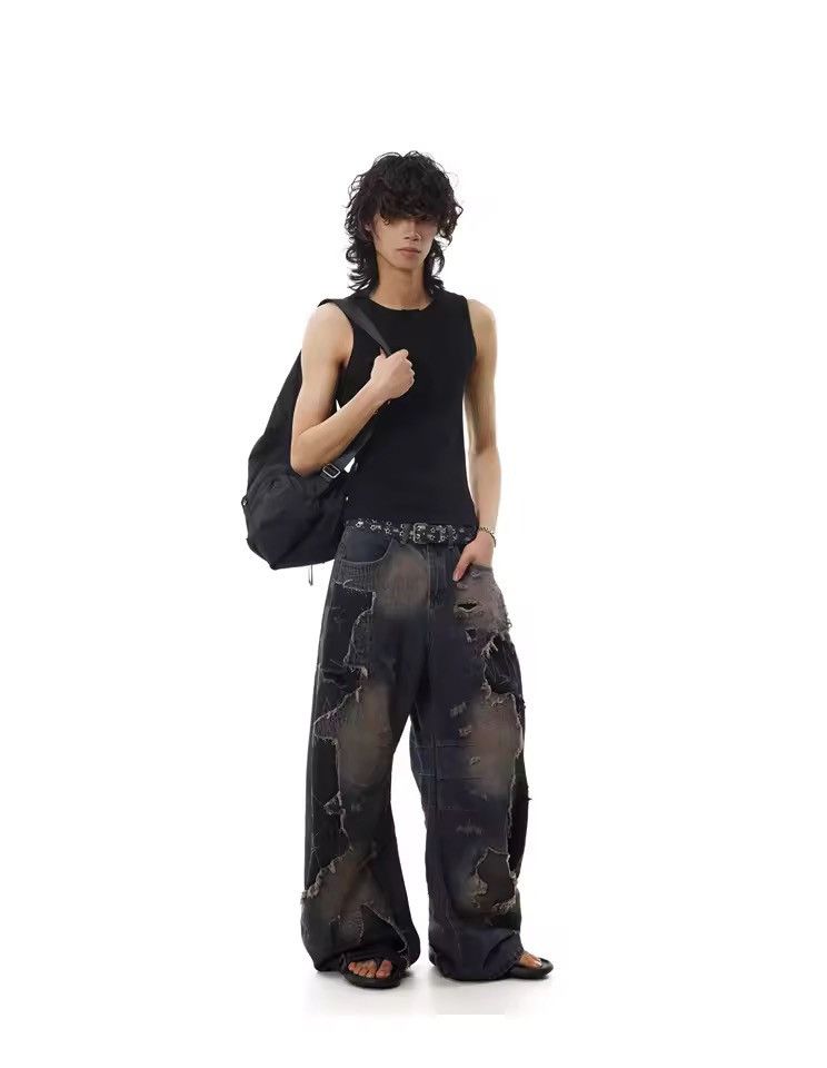 Jean Distressed Retro Streetwear Straight Baggy Jeans Pants Size US 29 - 3 Thumbnail