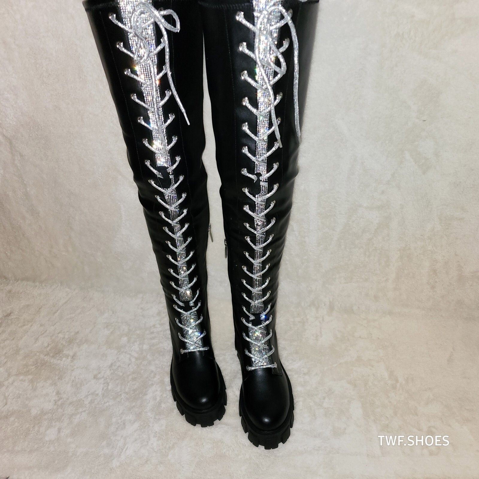 Other Roscoe Black Combat Thigh High Boots Iridescent Rhinestone T Size US 7 / IT 37 - 2 Thumbnail