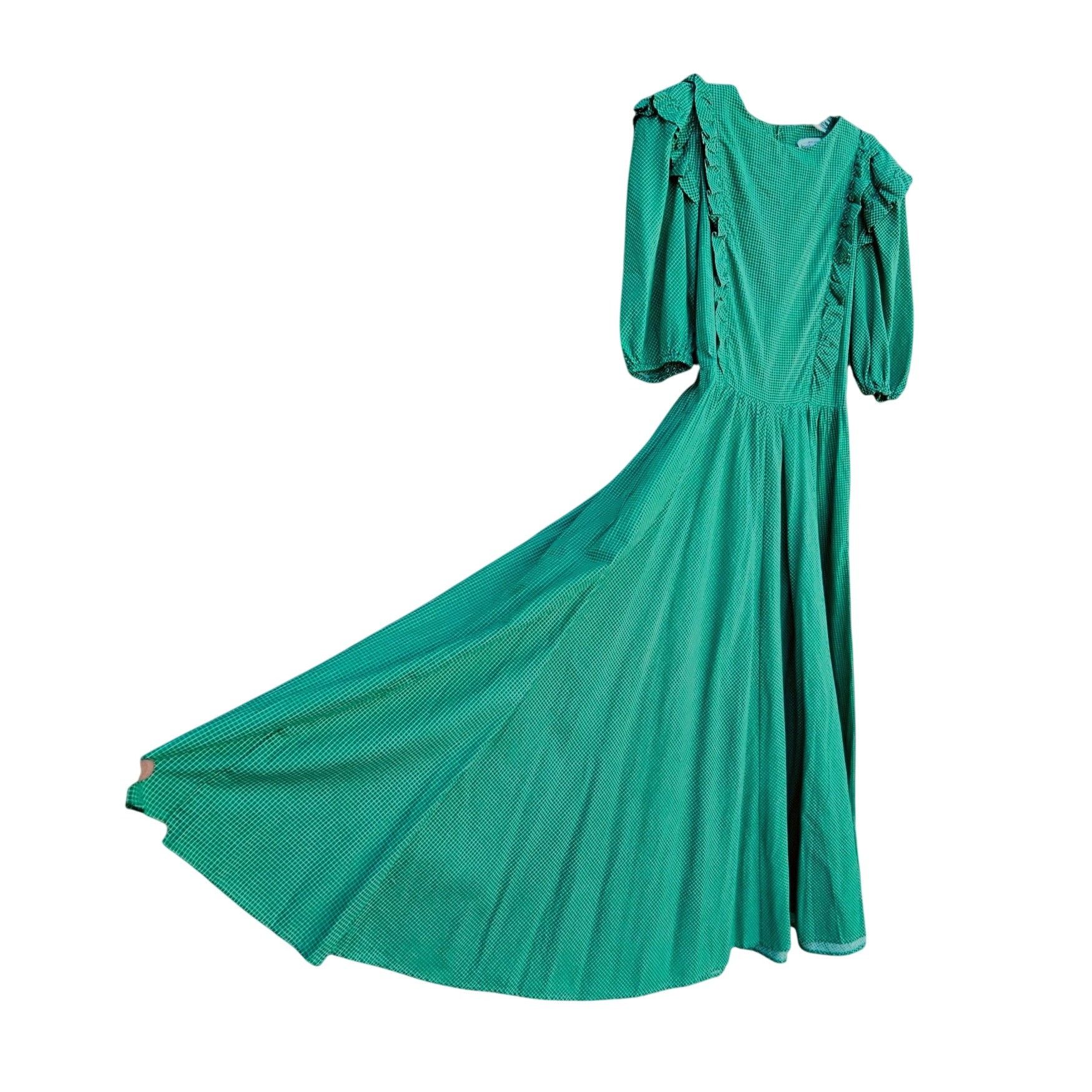 Vintage 1980s Belle France Kelly Green Prairie Dress Cotton Ruffle M Size S / US 4 / IT 40 - 3 Thumbnail
