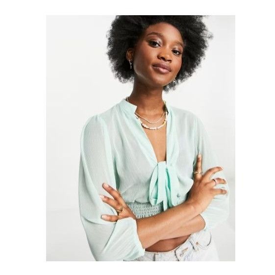 Other Asos Design Shirred Waist Sheer Long Sleeve Blouse, Mint gre Size M / US 6-8 / IT 42-44 - 2 Thumbnail