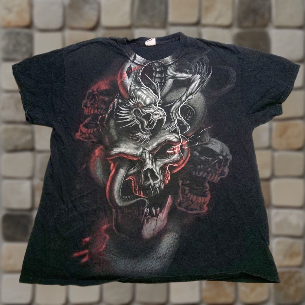 Gildan Gildan T-Shirt Adult XL Black VTG Y2K 00s Dragon Skulls Tribal Novelty Crew Neck Short Sleeve Graphic Print Mens Size US XL / EU 56 / 4 - 1 Thumbnail