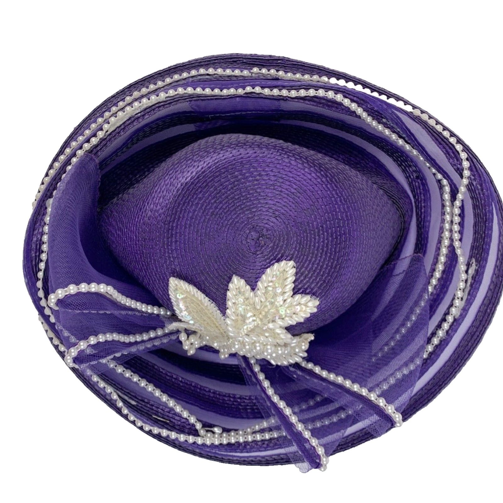 Vintage VINTAGE Taiwan Polypropylene Fancy Tea Derby Church Hat Purple Pearl Tulle Derby Purple 1980s Womens Size ONE SIZE - 2 Thumbnail