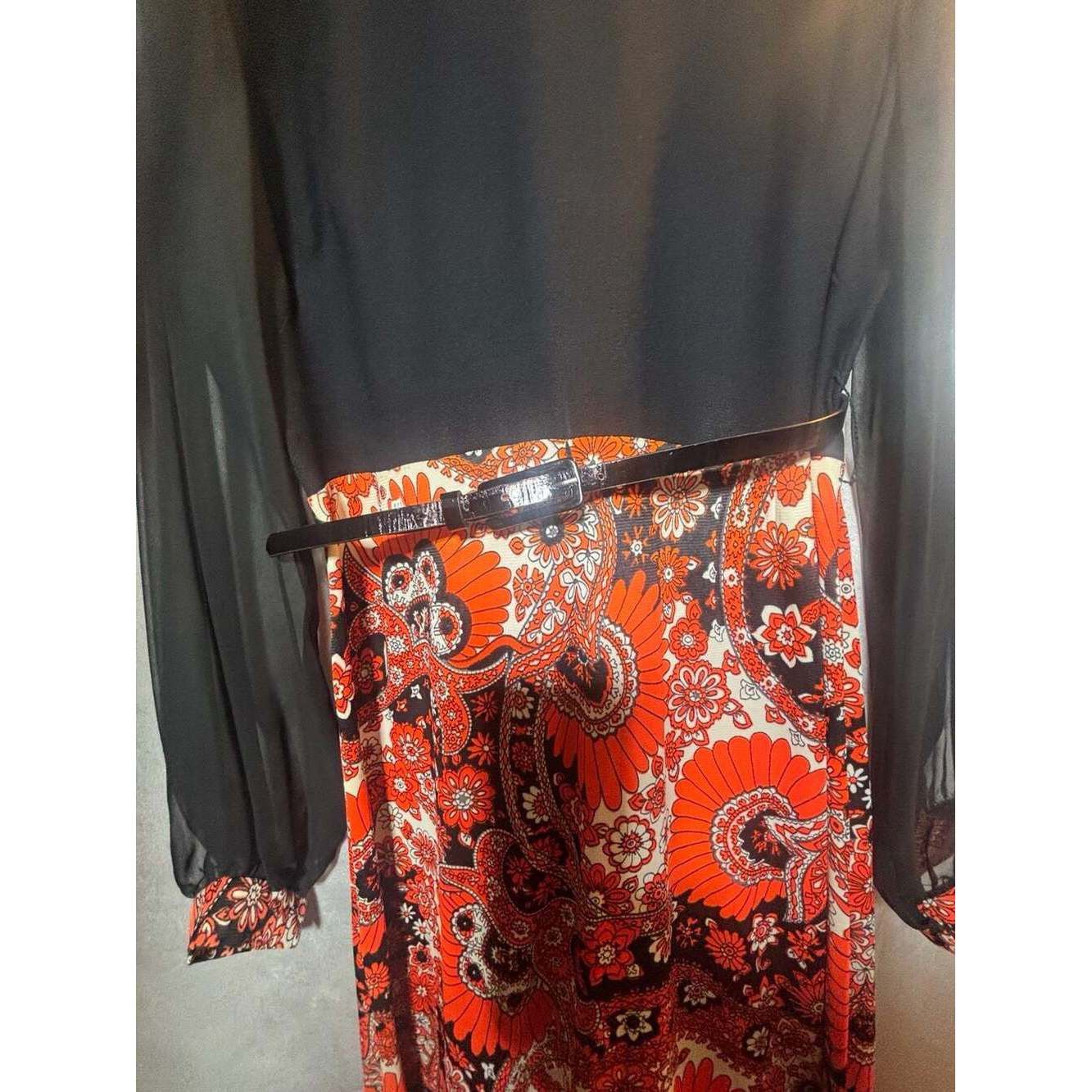 Vintage True Vintage Mod MCM Psych Floral Long Maxi Black Orange Dre Size XL / US 12-14 / IT 48-50 - 4 Thumbnail
