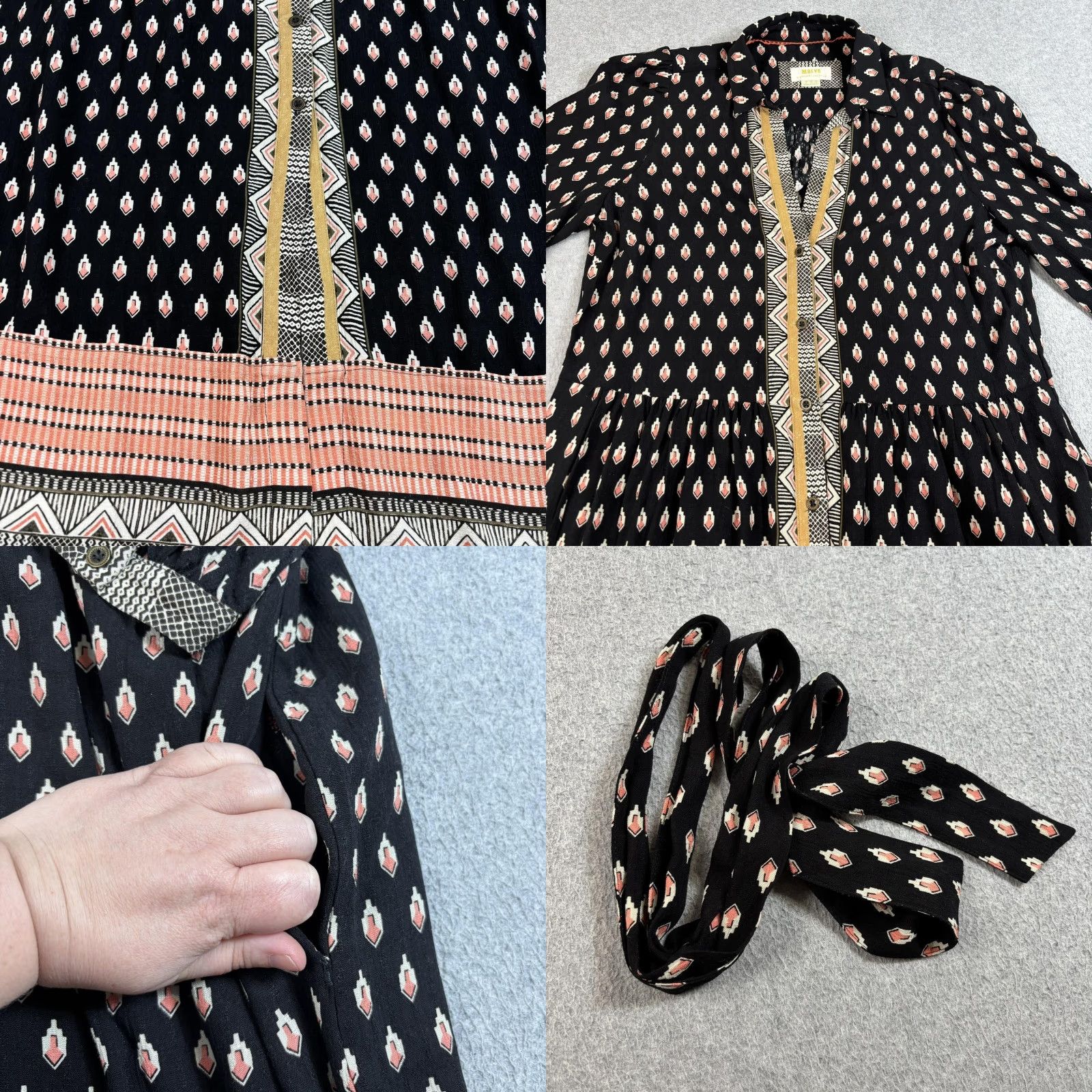 Vintage Maeve Shirt Dress Women 8 Black Geometric Maxi Belted Boho Pockets Size M / US 6-8 / IT 42-44 - 8 Thumbnail