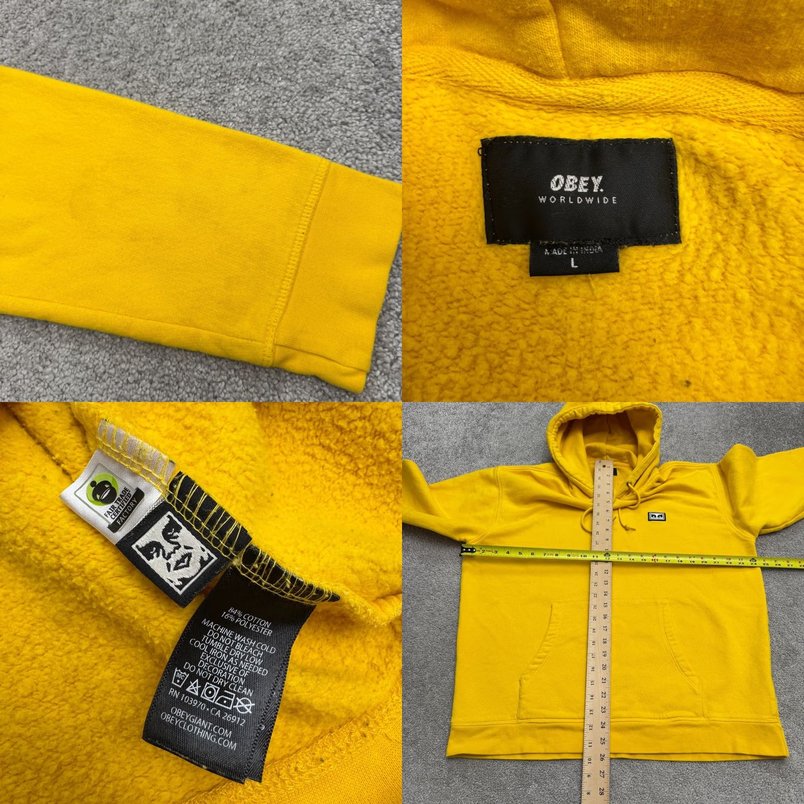 Obey Obey Worldwide Pullover Hoodie Sweatshirt Unisex Large Yellow Fleece Streetwear Size L / US 10 / IT 46 - 8 Thumbnail